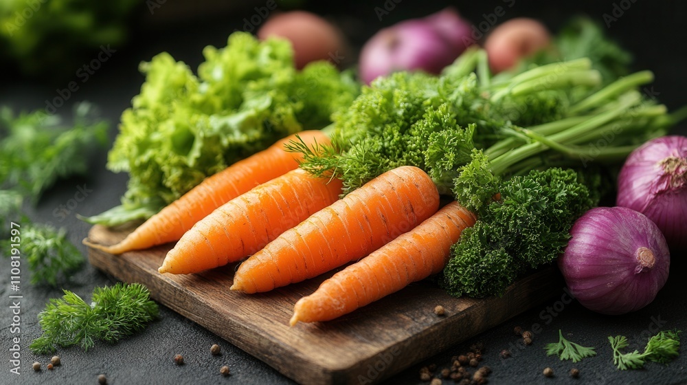 Fresh Orange Carrots Herbs Onions on Wooden Board Fresh Orange Carrots Herbs Onions on Wooden Board