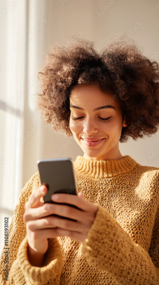 Young woman engaged with smartphone in cozy sweater and sunlit room Young woman engaged with smartphone in cozy sweater and sunlit room