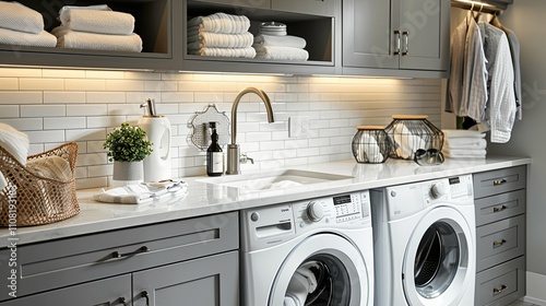 Modern Laundry Room with White Washer, Dryer, and Gray Cabinets photo