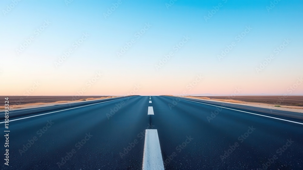Smooth black asphalt road stretching into the distance under a clear blue sky, travel, highway, transportation Smooth black asphalt road stretching into the distance under a clear blue sky, travel, highway, transportation