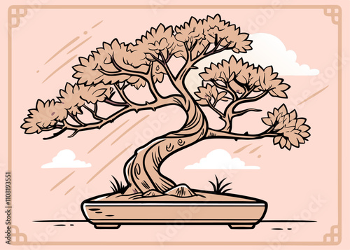 Bonsai Tree Illustration: Minimalist Beige Vector Graphic for Zen Design.