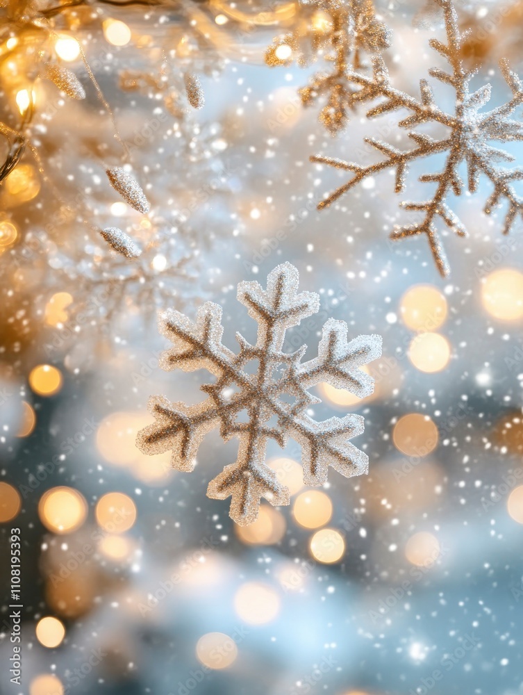 Fototapeta premium Frozen beauty of snowflakes falling in crisp detail, blurred background of cozy warm lights