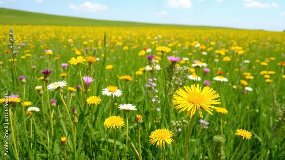Fototapeta premium Beautiful field filled with blooming yellow dandelions under a clear blue sky, peaceful, spring, summer