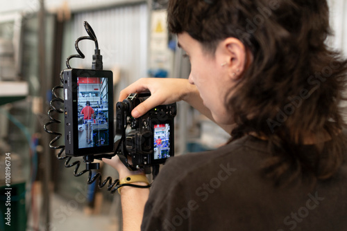 Primer plano de joven con cámara en mano y monitor digital filmando secuencia en fábrica