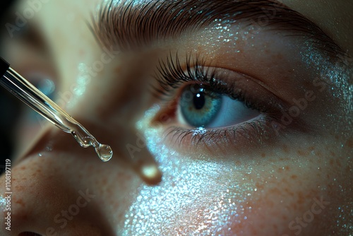 Close-up of female caucasian young eye with skincare serum drop