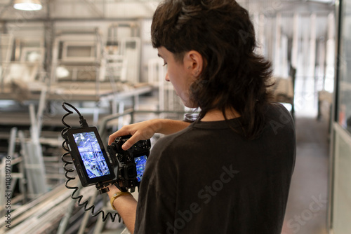 Mujer joven concentrada filmando con monitor y encendido líneas guía, entorno fábrica, bokeh de fondo