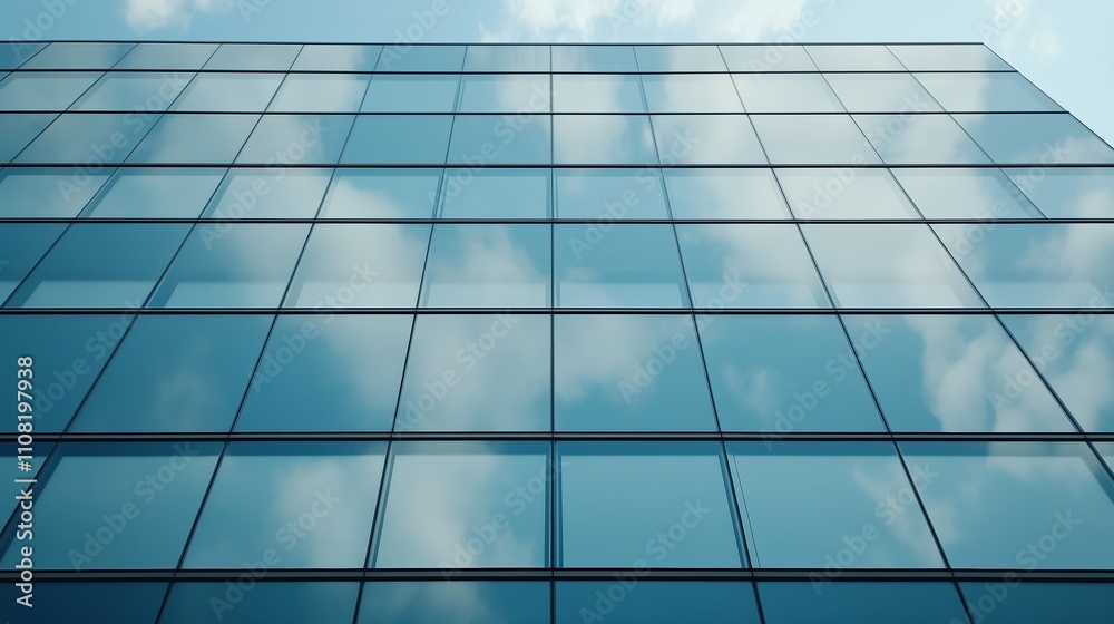 Modern glass building reflects clouds against a blue sky in an urban setting Modern glass building reflects clouds against a blue sky in an urban setting