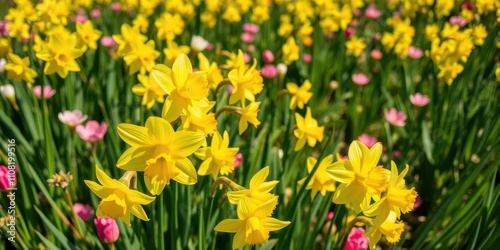 Vibrant yellow daffodil flowers blooming in a lush field under the bright sun, field, vibrant