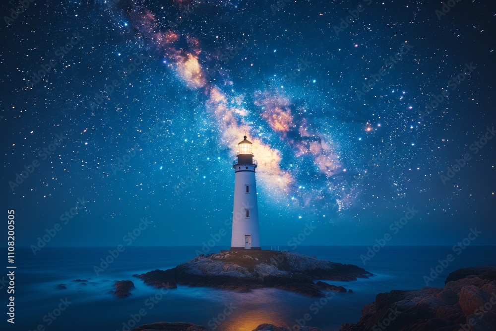 Obraz premium Lighthouse shining under a starry night sky, casting light across the calm sea with mystical celestial charm.