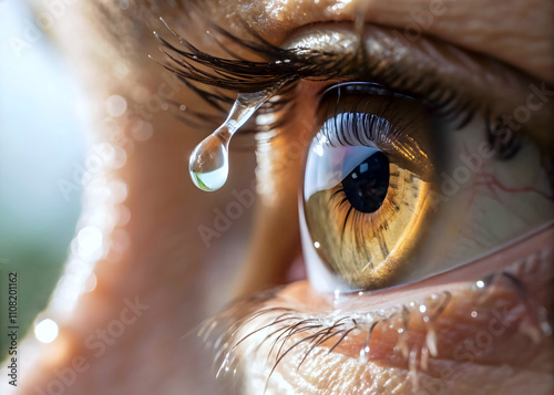 Closeup of brown human eye with water droplet, vision and eyesight, anatomy background