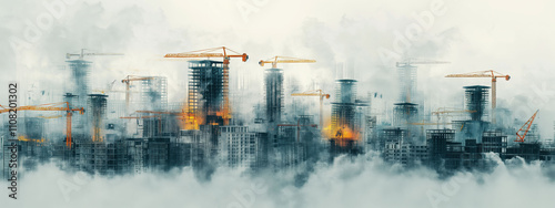 City skyline with unfinished buildings and idle cranes showcasing economic stagnation