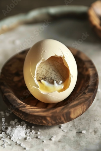 Balut egg displayed on rustic wooden plate with salt in soft natural lighting photo