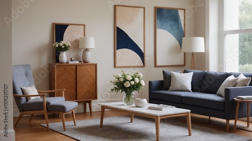 A modern living room with a sofa against a soft colour wall featuring vertical poster frames in wooden frame borders 3d illustration template.
