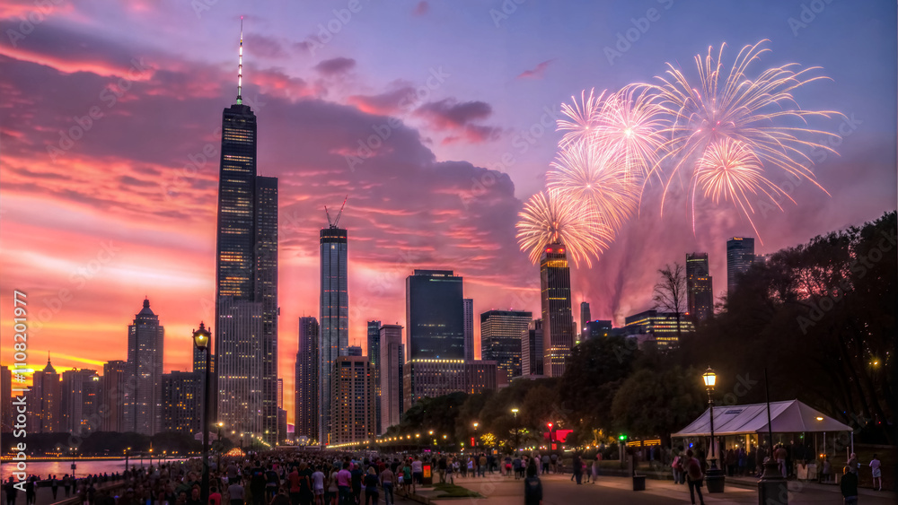 Happy new year, 2025, fireworks in the city, celebration, seasonal background, buildings and architecture