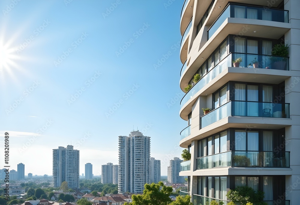 Fototapeta premium Fragment of Modern residential apartment with flat buildings exterior. Detail of New luxury house and home complex. Part of City Real estate property and condo architecture. Copy space. Blue sky