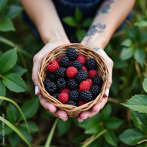 Basket of fresh blackberries in hends photo