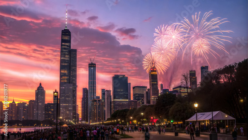 Happy new year, 2025, fireworks in the city, celebration, seasonal background, buildings and architecture