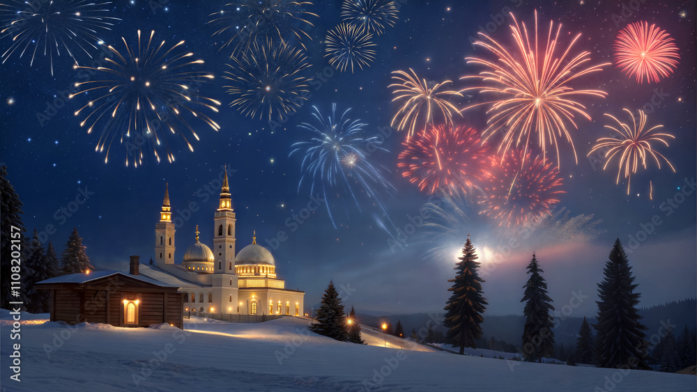 Happy new year, 2025, fireworks in the city, celebration, seasonal background, buildings and architecture