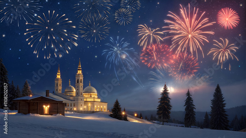 Obraz na płótnie Happy new year, 2025, fireworks in the city, celebration, seasonal background, buildings and architecture w salonie