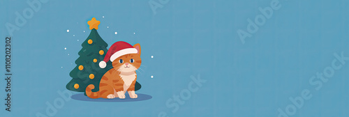 A red-haired cat in a Santa Claus hat sits next to a Christmas tree on a blue background