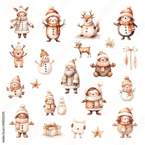 Whimsical collection of festive characters, snowmen, reindeer, and holiday decorations in soft sepia tones, evoking nostalgia and cozy Christmas charm