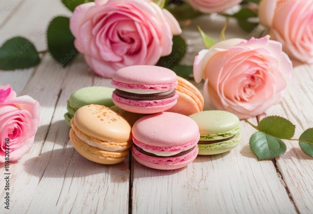 A Captivating Portrait of Macarons and Blooms in Warm Afternoon Light A Captivating Portrait of Macarons and Blooms in Warm Afternoon Light