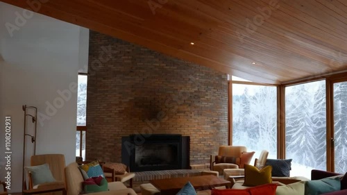 A mid-century modern living room with a brick fireplace, wooden ceiling beams, and a snowy forest view through panoramic glass doors.