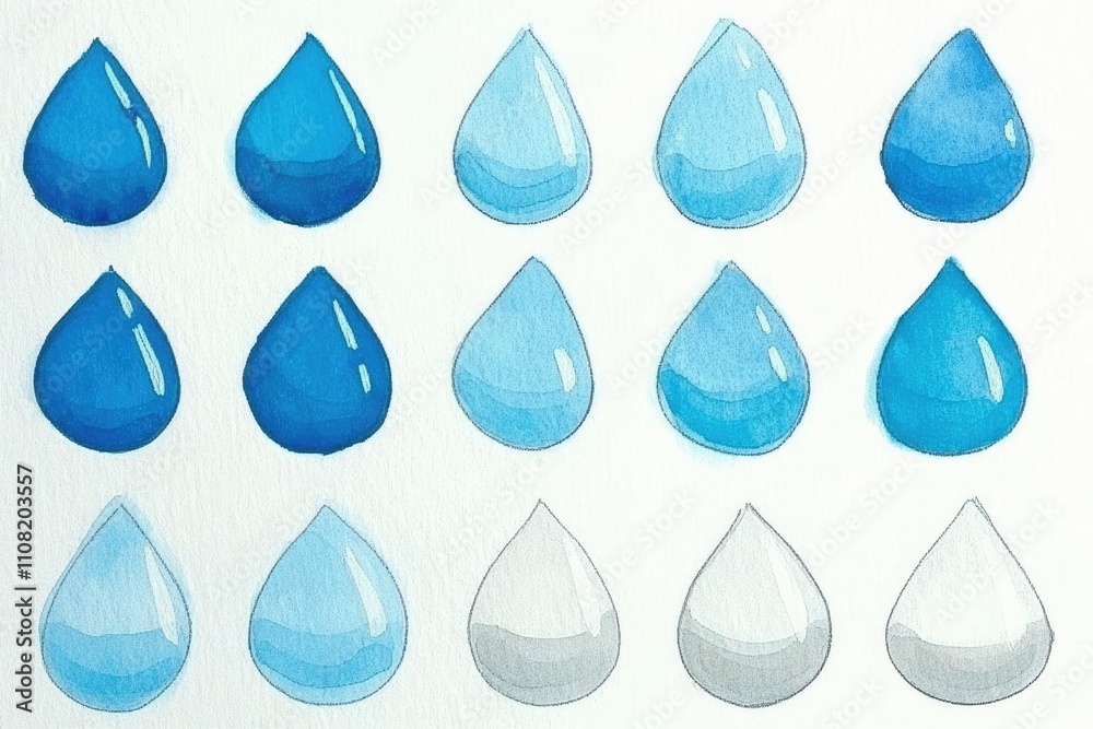 Variations of water droplets illustrated in different shades of blue on a white background Variations of water droplets illustrated in different shades of blue on a white background