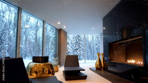 A bold and modern living room with a black marble fireplace, geometric furniture, and floor-to-ceiling windows overlooking a snowy forest.