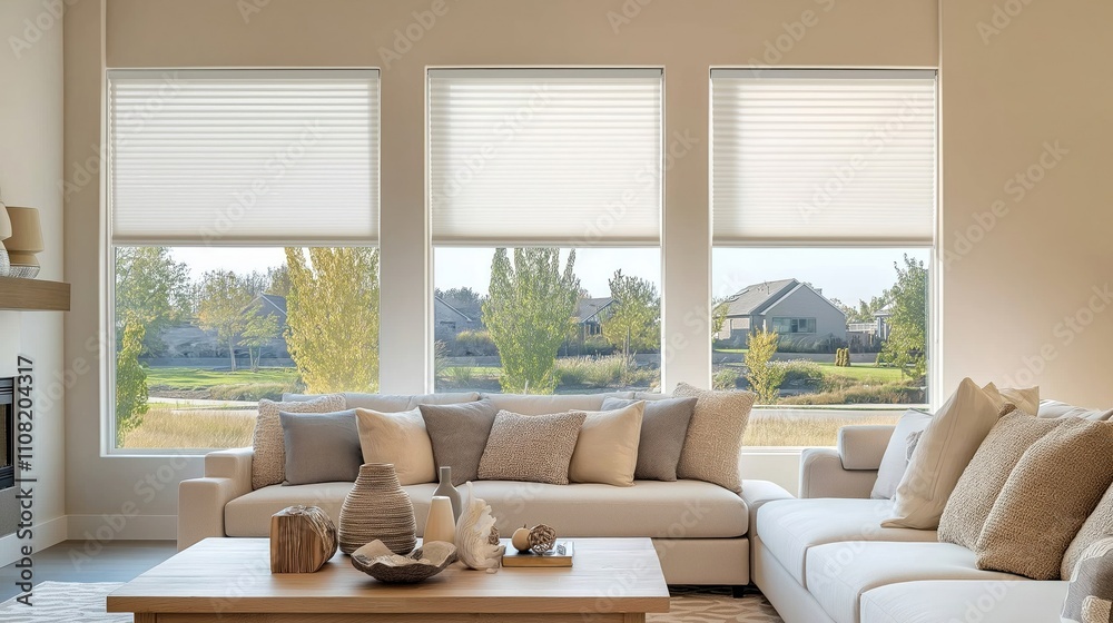 Fototapeta premium Modern living room features large windows with energy-efficient cellular shades. Stylish furniture in neutral tones create calm atmosphere. View of suburban landscape outside windows. Coffee table
