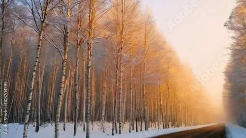 A modern forest road in winter, flanked by evenly spaced birch trees with snow piling on their branches.