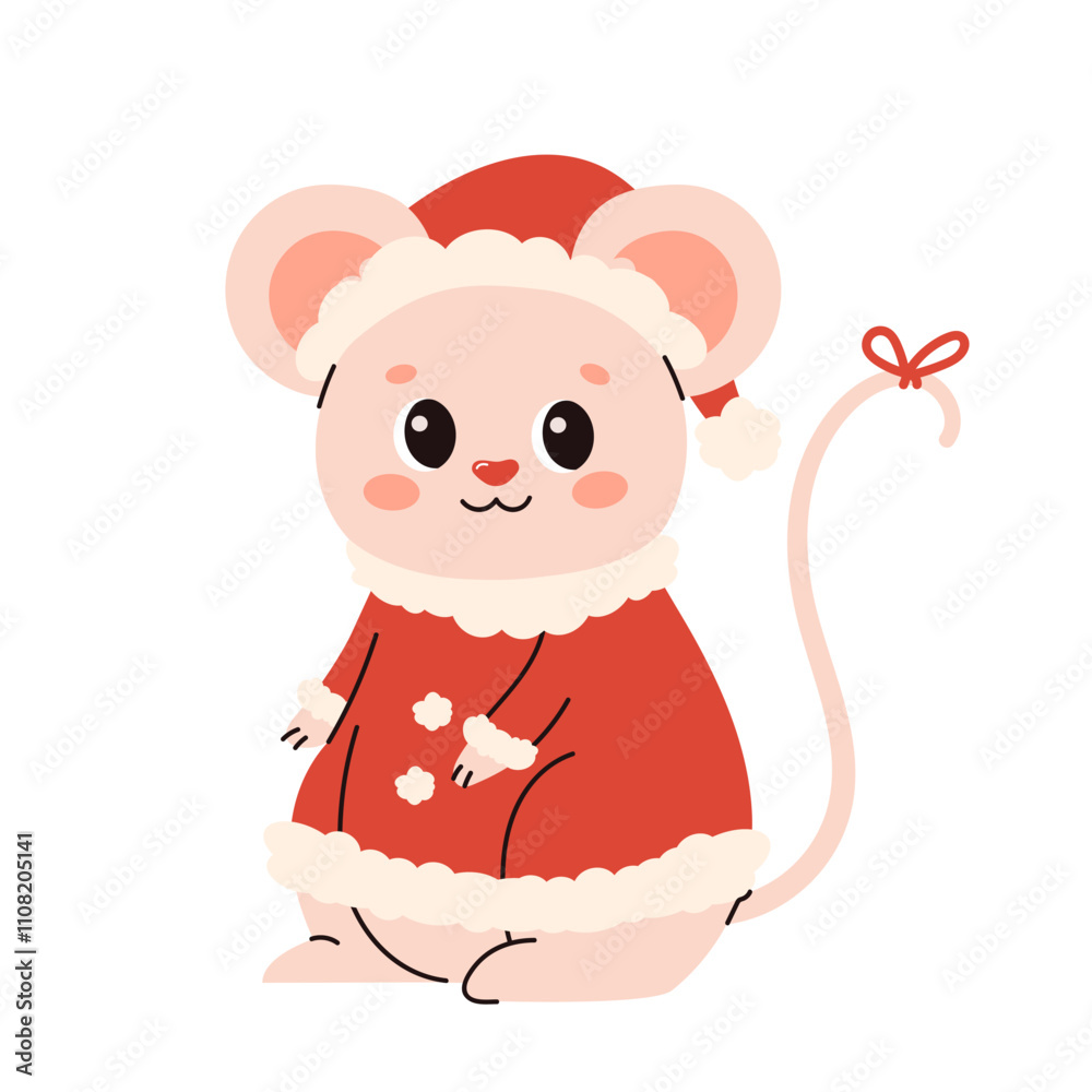 Fototapeta premium Cute vector illustration with Christmas animals. Mouse in Santa Claus costume in children's style. Vector flat illustration isolated on white background, simple 