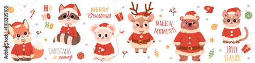 Set of cute illustrations with Christmas theme. Collection of animals in Santa Claus costume in children's style, raccoon mouse hare fox deer bear on white background with christmas lettering. Vector