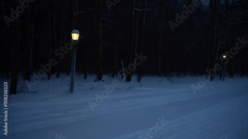 A tranquil forest road during heavy snowfall, lined with snow-covered lamp posts casting a soft glow.