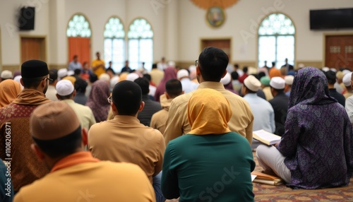 Muslim worshippers in a mosque during a religious gathering.
