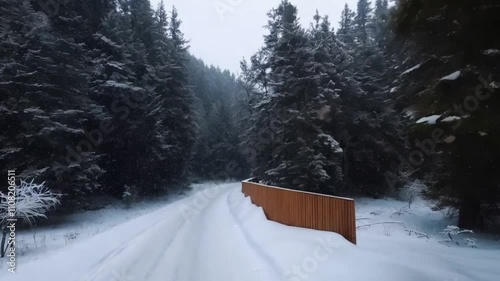 A scenic snowy road cutting through a dense forest, with heavy snowfall blanketing the area. Modern wooden fences line the roadside,