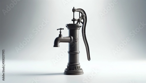 A traditional hand pump with vertical cast iron body on clean white background. A vintage-style vertical cast iron hand pump on a spotless white backdrop.