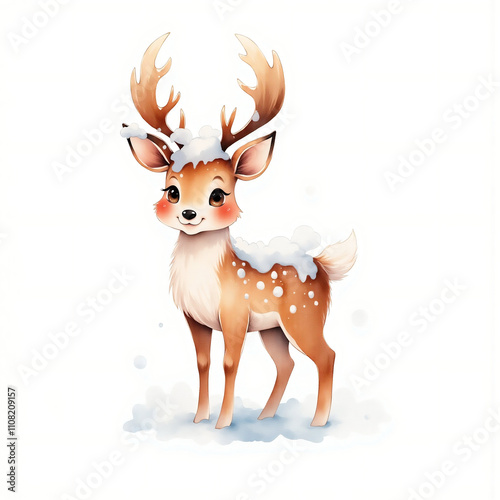 Adorable cartoon deer with snow-covered antlers standing on snow, isolated on a white background, symbolizing winter charm, innocence, and festive joy