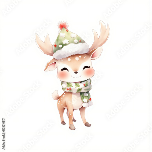 Cute cartoon deer wearing a festive hat and scarf, smiling cheerfully, isolated on a white background, symbolizing joy, winter holidays, and Christmas spirit