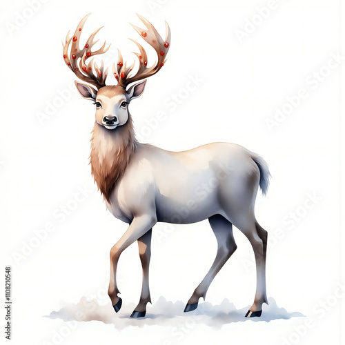 White deer with majestic antlers standing gracefully on snow, isolated on a white background, symbolizing purity, elegance, and winter wildlife