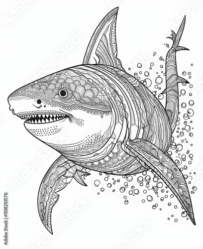 Intricate Mandala Shark Line Art Illustration on White Background