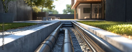 District heating system pipes distributing hot water in modern residential area photo