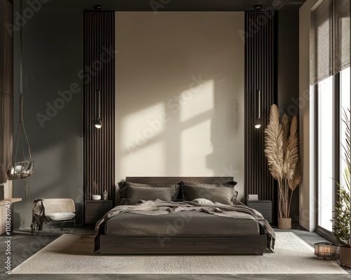 Modern bedroom design with a blank wall designated for mockup displays