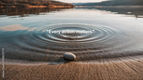 A smooth stone creates ripples in a calm lake, with the phrase 'Every action matters' above. Distant hills and a clear sky form a tranquil backdrop.