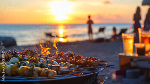 A beach barbecue party with seafood skewers, grilled chicken, and cold drinks, with the ocean and sunset in the background.