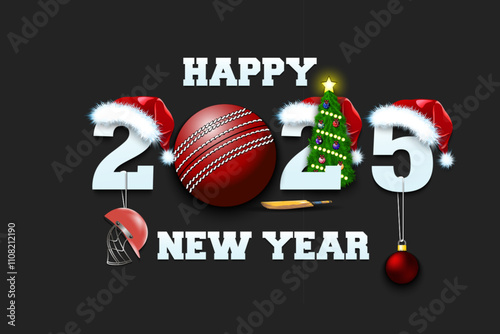 Happy new year. 2025 with cricket ball. Numbers in Christmas hats with cricket helmet and Christmas tree ball. Original template design for greeting card. Vector illustration on isolated background