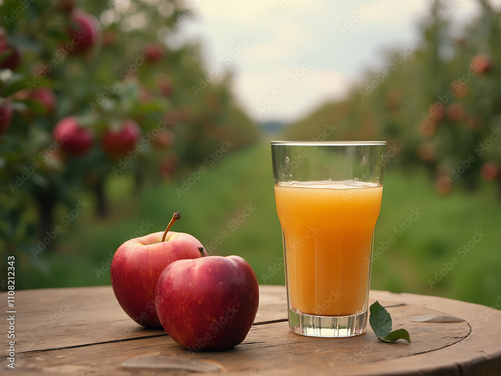 Fototapeta premium Glass of apple juice with apples on a table