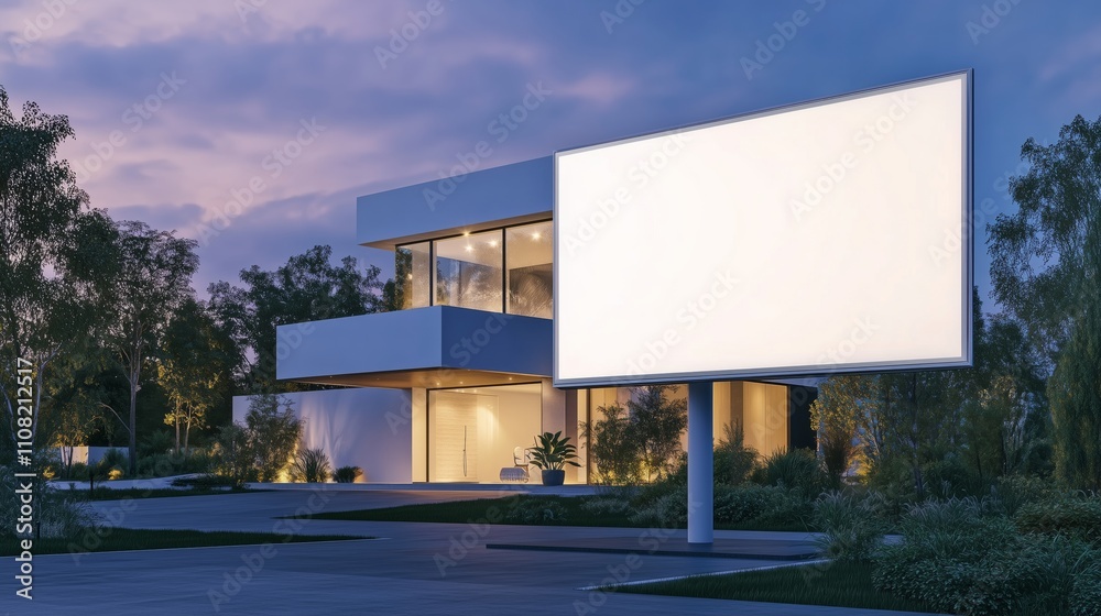 Fototapeta premium An empty white sign on a lush lawn awaits words, announcements, or art. It sits in front of a majestic home, promising future beauty 