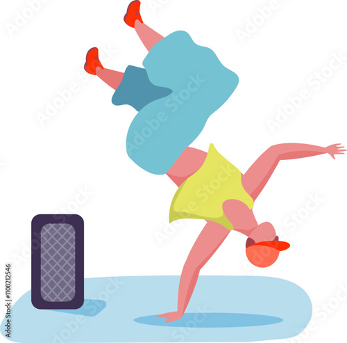 Breakdancer balancing upside down performing a freeze move during a street performance with music playing from a portable speaker