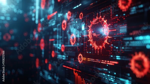 Digital representation of a virus with data visualization elements.